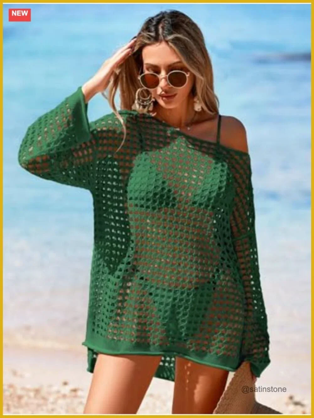 Oversized Crochet Mesh Swimsuit Cover Up Mini Dress Long Sleeve Beach